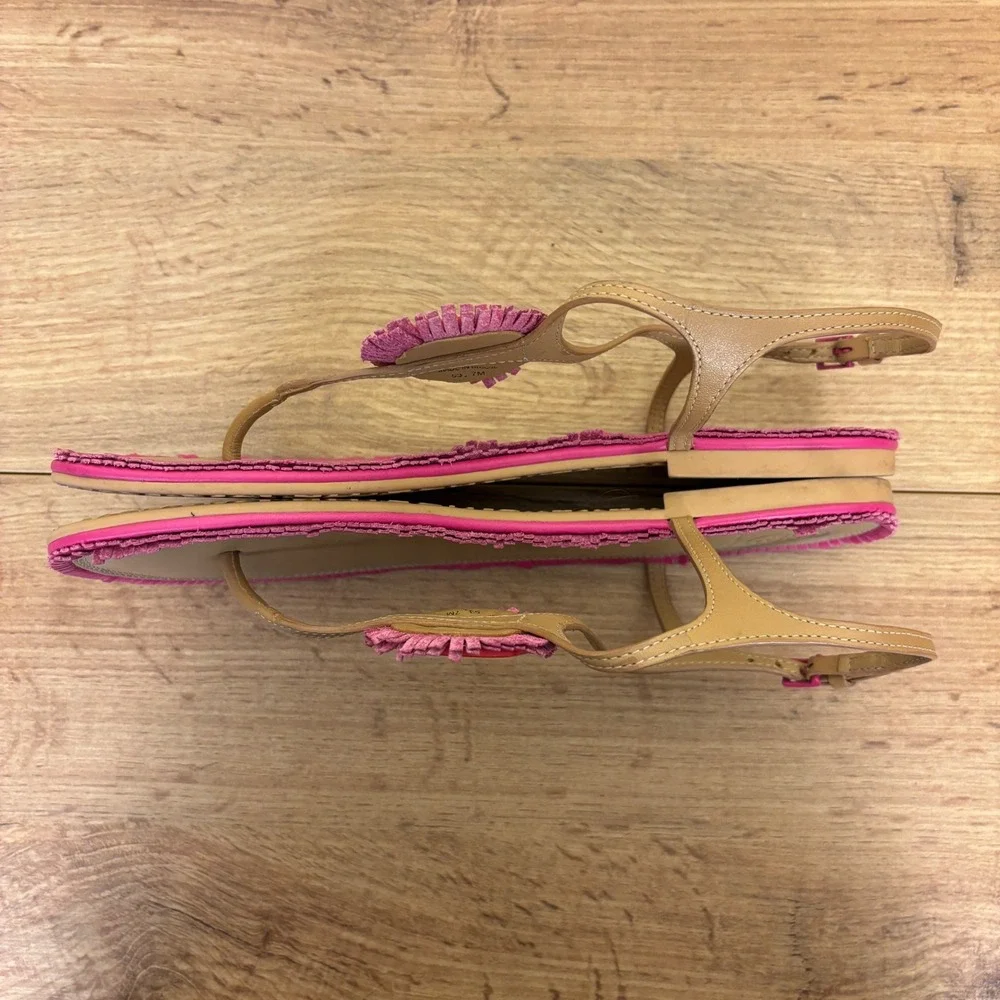 TORY BURCH Miller Fringe Thong Flat Sandals Dusty Cypress/Hibiscus Women Size 7